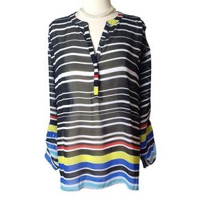 A.N.A Womens Plus Striped Tunic 3X Sheer Blouse V-Neck LS office festive, boho